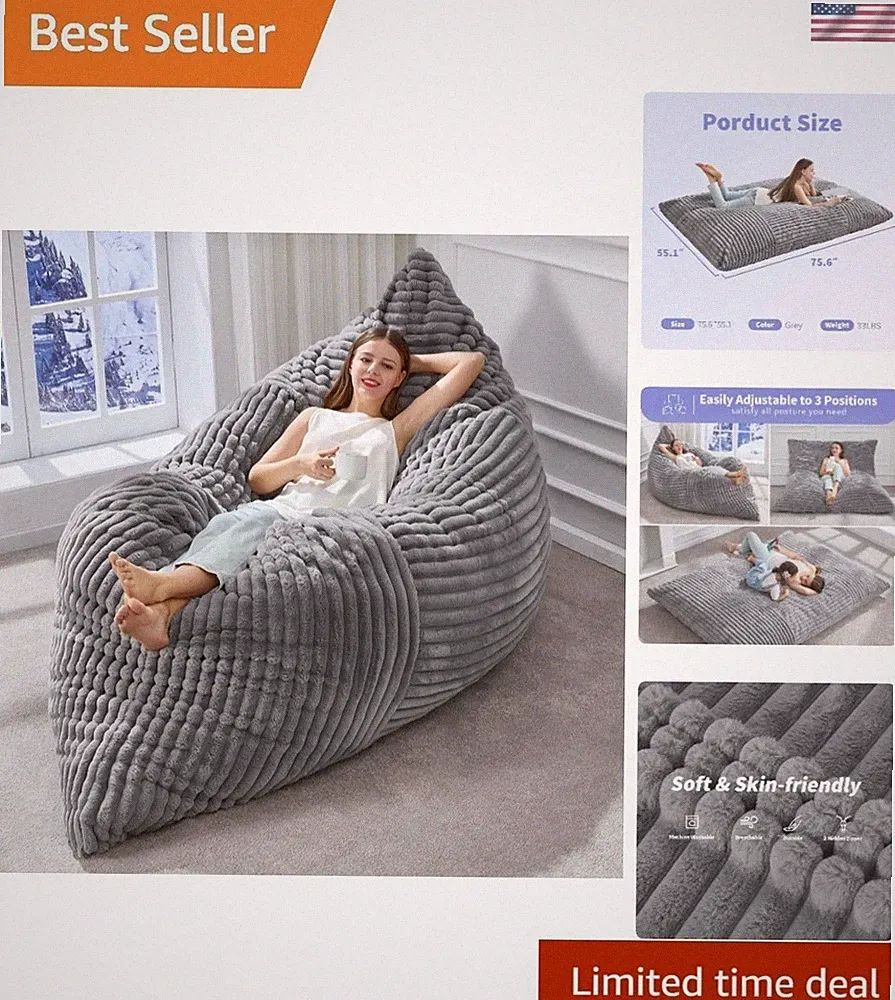 3-in-1 Bean Bag Chair - Convertible, Machine Washable Cover