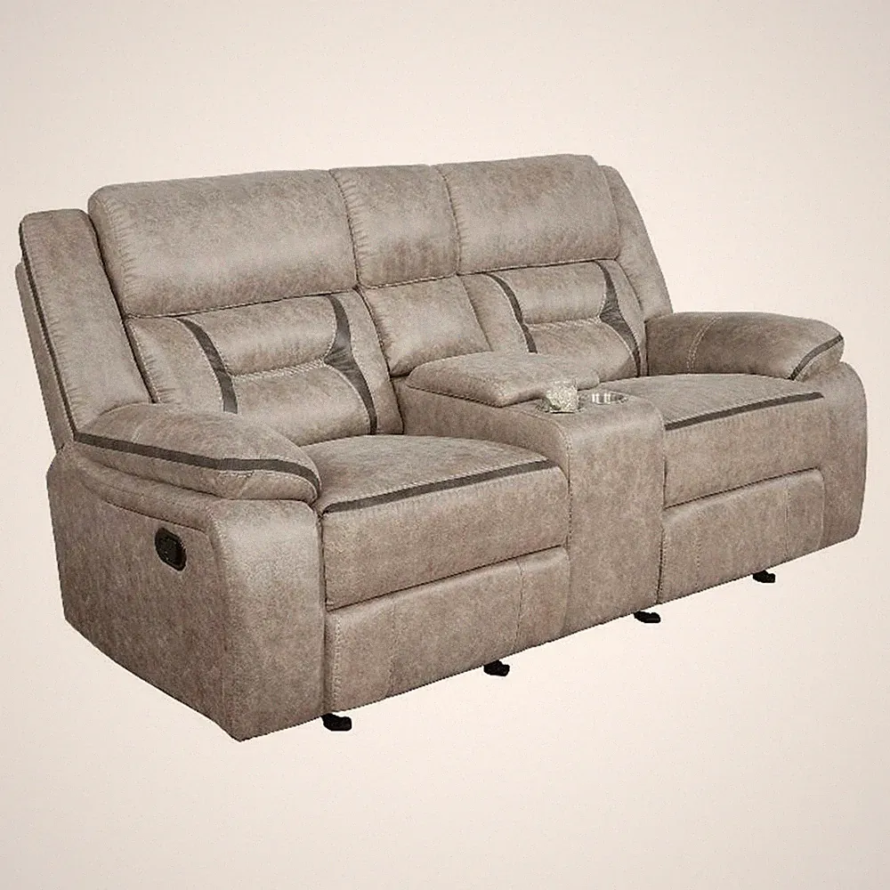 Benjara Tye 77" Glider Manual Recliner Loveseat- Gel Foam- Taupe Faux Leather
