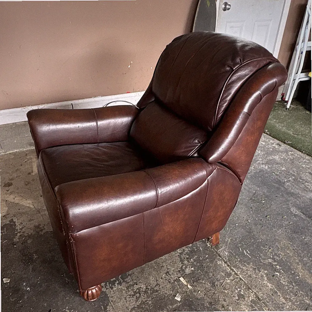 Brown Leather Manual Recliner Armchair High Back Nailhead Trim Round Arms