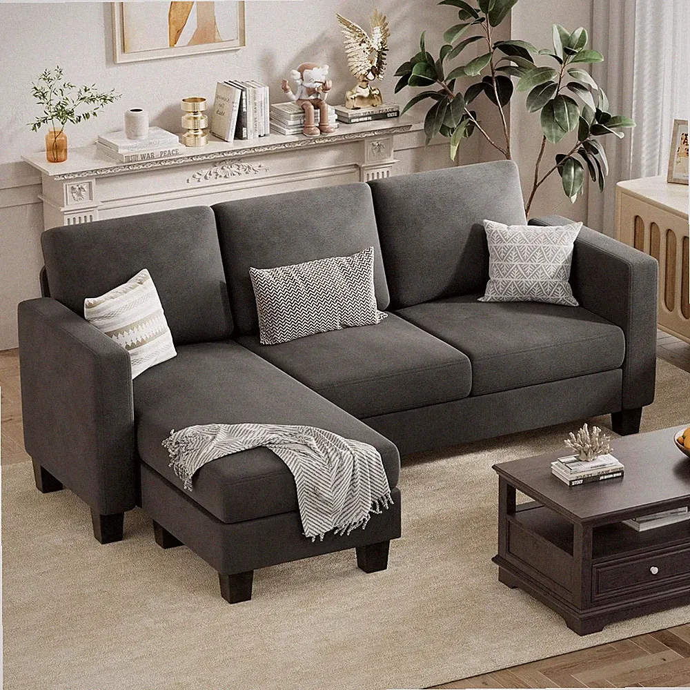 Convertible Sectional Sofa Couch, 3 Seat L-Shaped Sofa with Linen Fabric Ottoman
