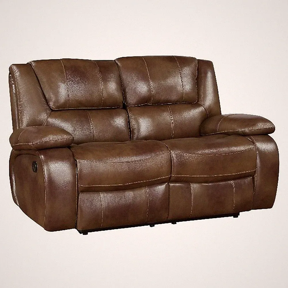 Licot Manual Double Recliner Loveseat-Glossy Brown Leather-64 Inch