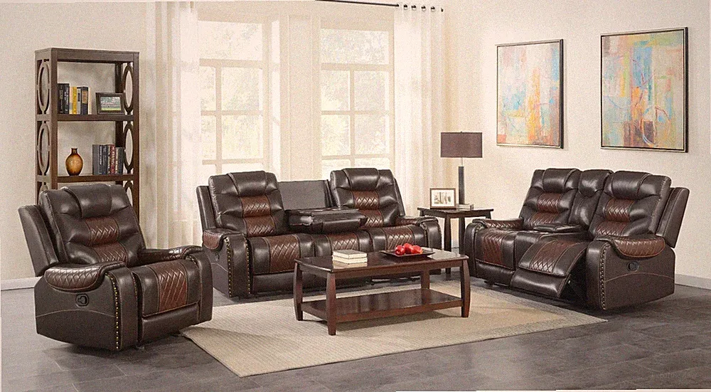 NEW Two-Tone 3PC Leather Gel Brown Sofa Loveseat Chair 5-Recliner Living Room