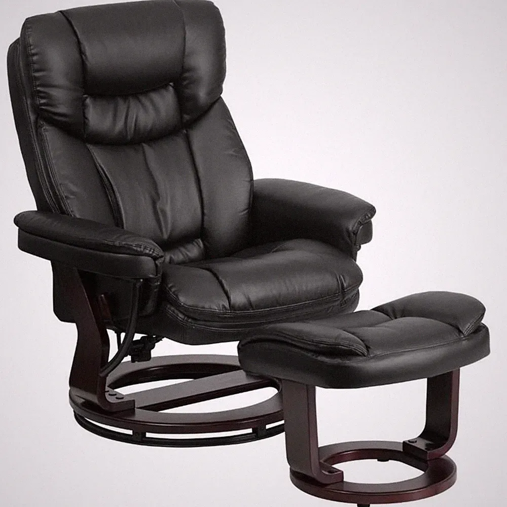 Pemberly Row Contemporary Leather Swivel Seat Recliner in Black