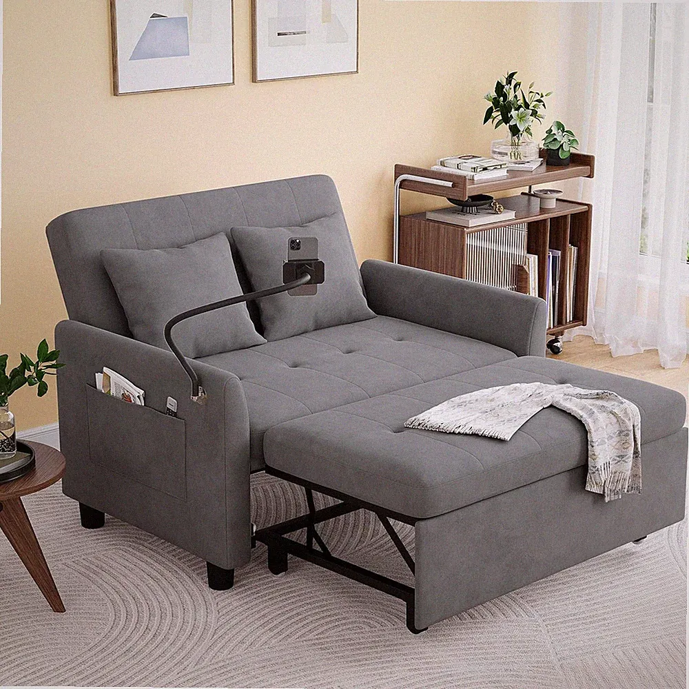Versatile 3-in-1 Sleeper Sofa Bed Loveseat with Pillow & Phone Holder, Grey